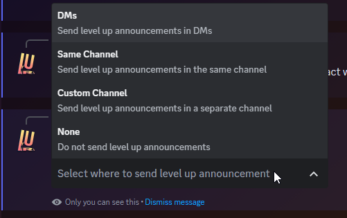 The select menu for setting the Level Up Message
Destination